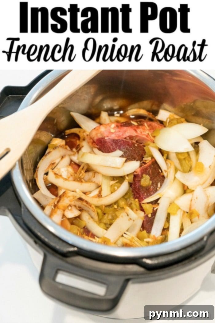 French onion pressure cooker roast is tender with tons of flavor. Perfect Instant Pot shredded beef tacos for dinner even your kids will rave about. #instantpotrecipes #instantpot #roast #frenchonion #tacos #shreddedbeef #ninjafoodirecipes #crockpotexpressrecipes #pressurecookerrecipes French Onion Pressure Cooker Roast being served from the Instant Pot.