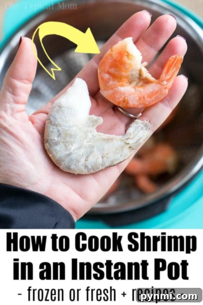 Fast Instant Pot Shrimp Recipe 11 Hand reaching for a cooked shrimp from a bowl