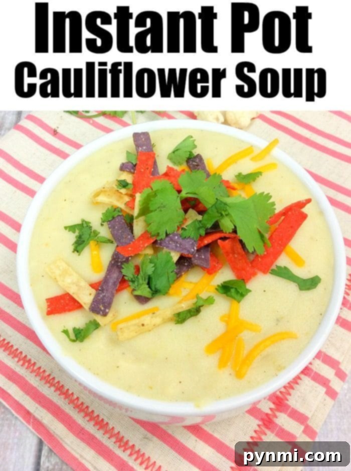 Instant Pot cauliflower soup is a creamy and delicious low carb meal our whole family loves! Easy to throw together keto soup you'll make again and again. #instantpot #instantpotrecipes #cauliflowersoup #keto #pressurecooker #ninjafoodi #crockpotexpress Pressure Cooker Cauliflower Soup