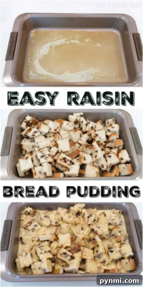 Three steps show a pan: melted butter, cubed raisin bread, then bread soaked in custard—perfect for making classic raisin bread pudding.