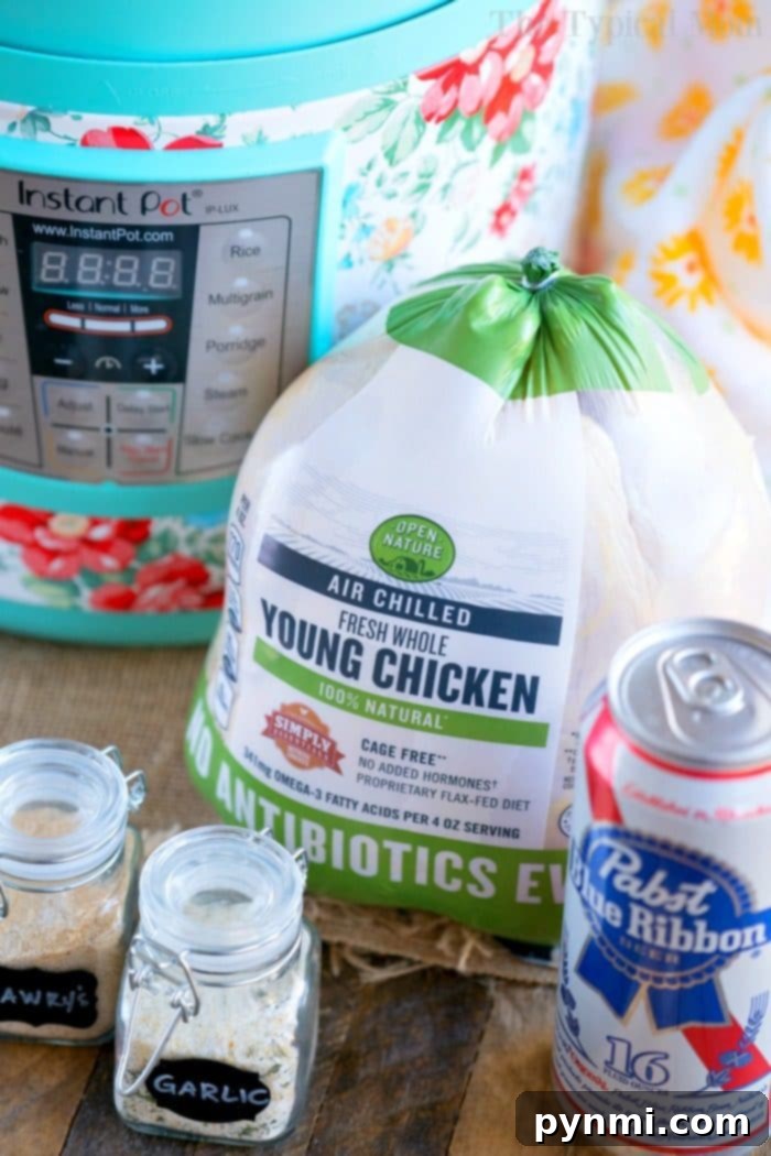 Instant Pot beer can chicken positioned upright inside the pressure cooker.