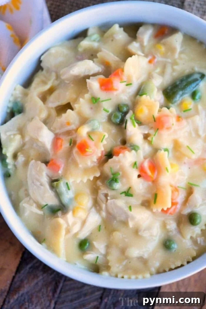 A steaming bowl of creamy Instant Pot Chicken Noodle Casserole, adorned with bowtie pasta, vibrant mixed vegetables, and a sprinkle of fresh herbs. It perfectly captures the rich, comforting essence of this quick pressure cooker meal.