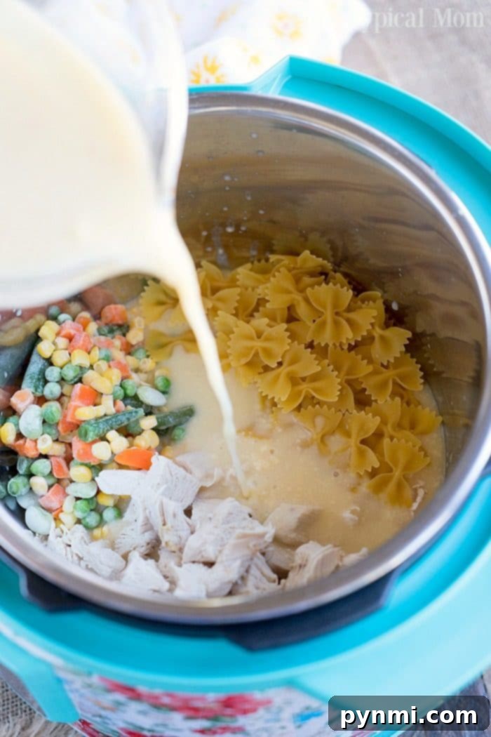 A generous serving of pressure cooker chicken noodle casserole, showing the rich, creamy texture and hearty ingredients. The dish is presented in a comforting, home-style manner, inviting diners to enjoy.