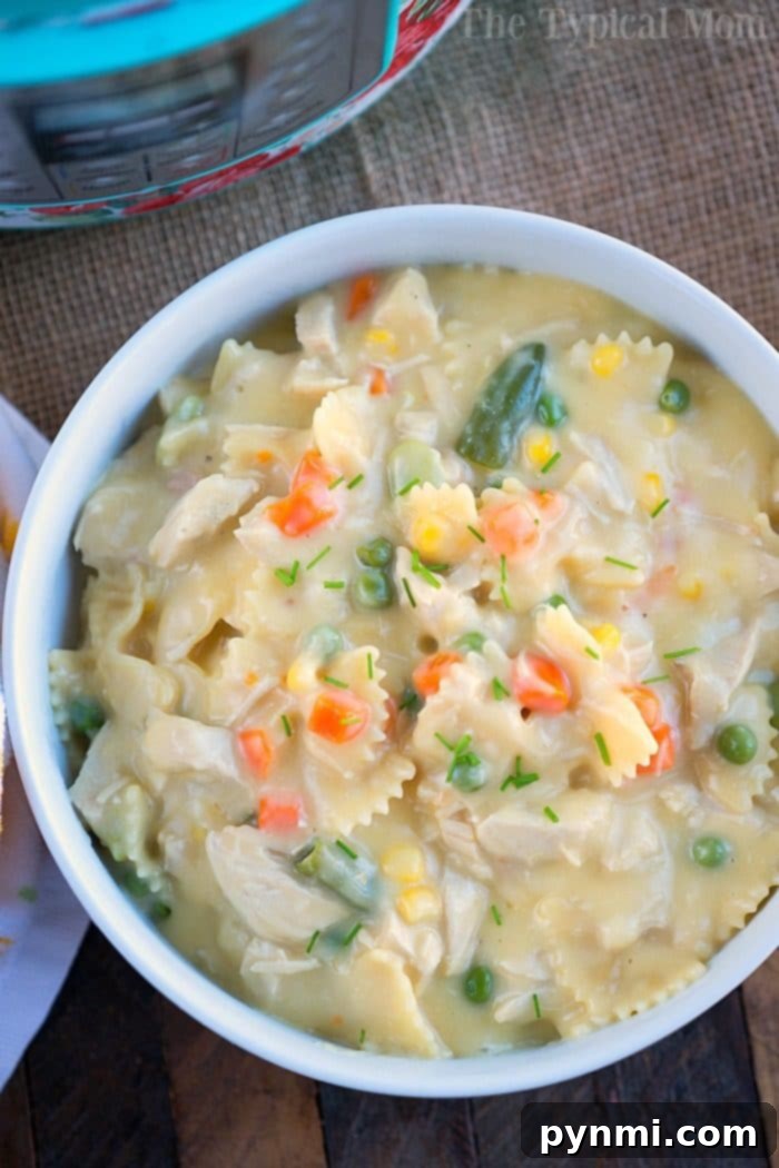 Another mouthwatering close-up of Instant Pot chicken noodle casserole, showing the rich, creamy sauce, tender noodles, and chicken. The dish is presented in a home-style manner, emphasizing comfort and warmth.