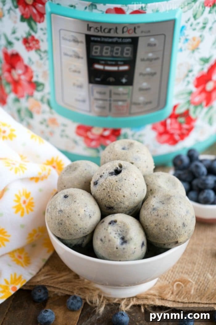 Cloud-Soft Instant Pot Blueberry Muffins 9 Close-up of a plate laden with freshly baked blueberry muffins, perfectly cooked and ready to be savored