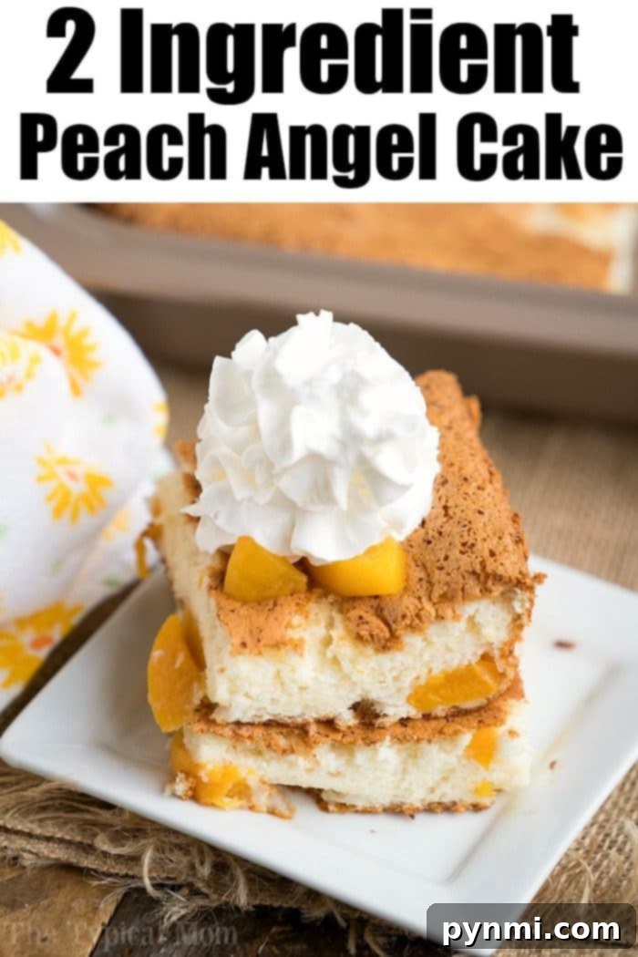 Best Fat Free Peach Cake Recipe An overhead shot of a freshly baked Peach Angel Food Cake, showcasing its beautiful golden-brown top and the soft, pillowy texture. The simplicity of this 2-ingredient, fat-free cake is evident, making it an inviting option for any dessert lover.
