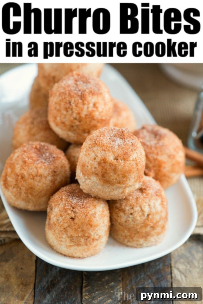 A plate of pressure cooker churro bites is stacked in a pyramid shape. These delightful treats are perfectly coated with cinnamon sugar, offering a crispy texture and heavenly aroma.