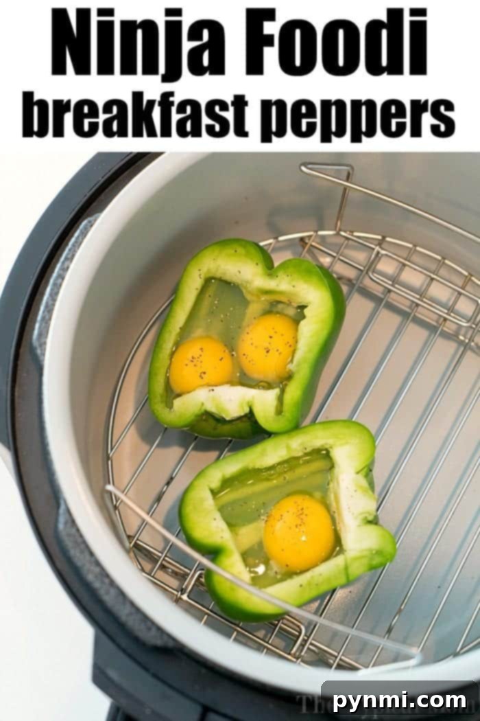 Air fryer breakfast stuffed peppers are the perfect low carb start to the day! A tender bell pepper filled with eggs you can eat on the go & enjoy today. Latest Ninja Foodi recipe we love. #airfryerrecipes #ninjafoodi #thetypicalmom ninja foodi stuffed bell peppers