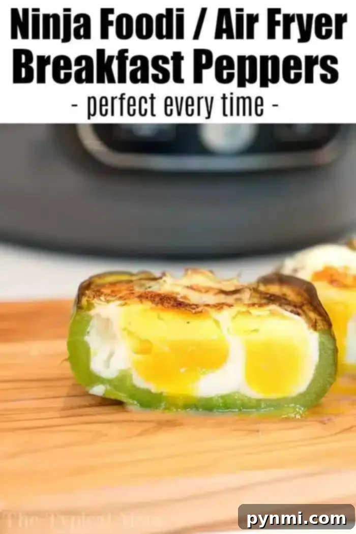 Air fryer breakfast stuffed peppers are the perfect low carb start to the day! A tender bell pepper filled with eggs you can eat on the go & enjoy today. Latest Ninja Foodi recipe we love. #airfryerrecipes #airfryer #breakfast #eggs #peppers #stuffedpeppers #ninjafoodirecipes #ninjafoodi #thetypicalmom A slice of green bell pepper stuffed with fluffy cooked egg, lightly browned on top, rests on a wooden surface. The text at the top reads, "Air Fryer Breakfast Stuffed Peppers - perfect every time.