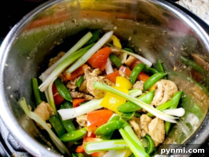 Instant Pot Stir Fry Express 4 A beautifully presented Instant Pot chicken and vegetable stir fry, garnished with fresh green onions and ready to be served over rice.