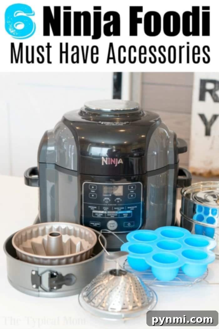 A Ninja Foodi pressure cooker surrounded by essential accessories like a cake pan, silicone molds, and a steamer basket, highlighting '6 Must-Have Ninja Foodi Accessories.'
