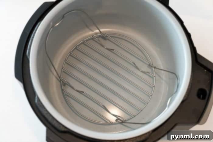 A versatile stainless steel trivet with handles, positioned inside a Ninja Foodi pot, essential for pot-in-pot cooking and steaming.