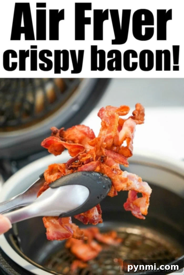 Crispy bacon strips cooking in an air fryer basket, demonstrating a healthier and mess-free way to prepare breakfast favorites.