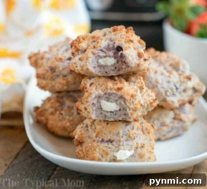 A plate of stacked Air Fryer Bagel Bites filled with cream cheese sits on a rustic wooden table, ready to be enjoyed.