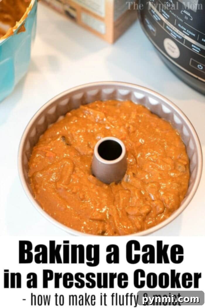 Pressure cooker cake ready for frosting, showing its perfect golden brown exterior.