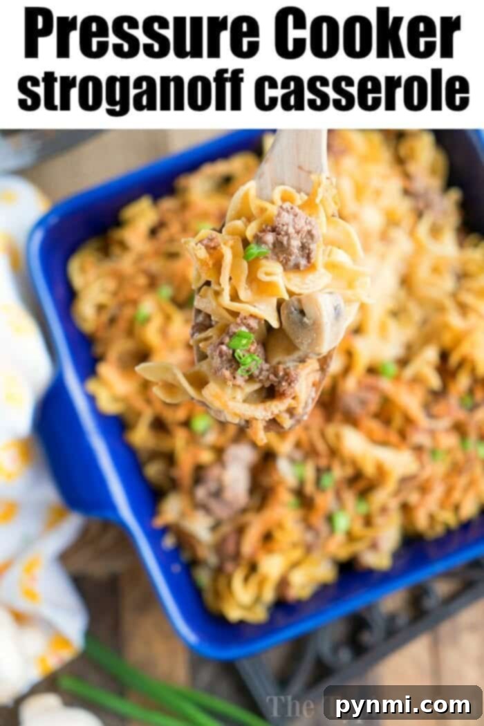 A blue dish cradles a savory serving of pressure cooker stroganoff casserole—noodles, meat, mushrooms, and peas melded in harmony. A wooden spoon gracefully lifts a portion from the dish. Text above warmly invites: "Pressure Cooker Stroganoff Casserole."