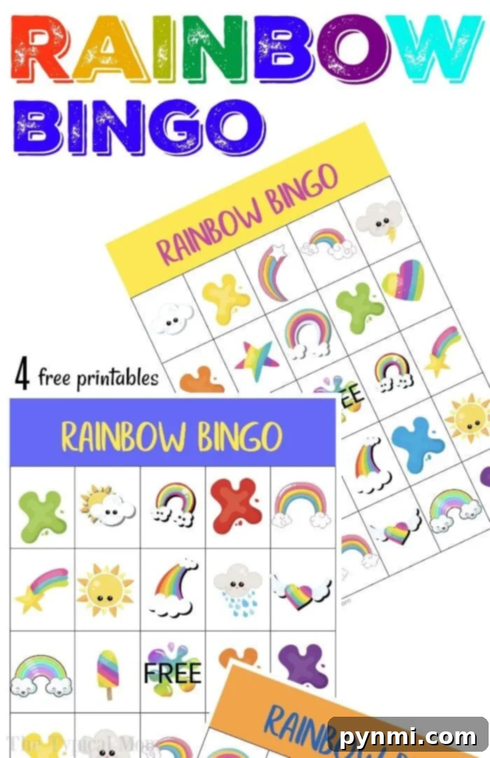 Close-up view of a Rainbow Bingo card with various colorful images, ready for players to mark their squares.