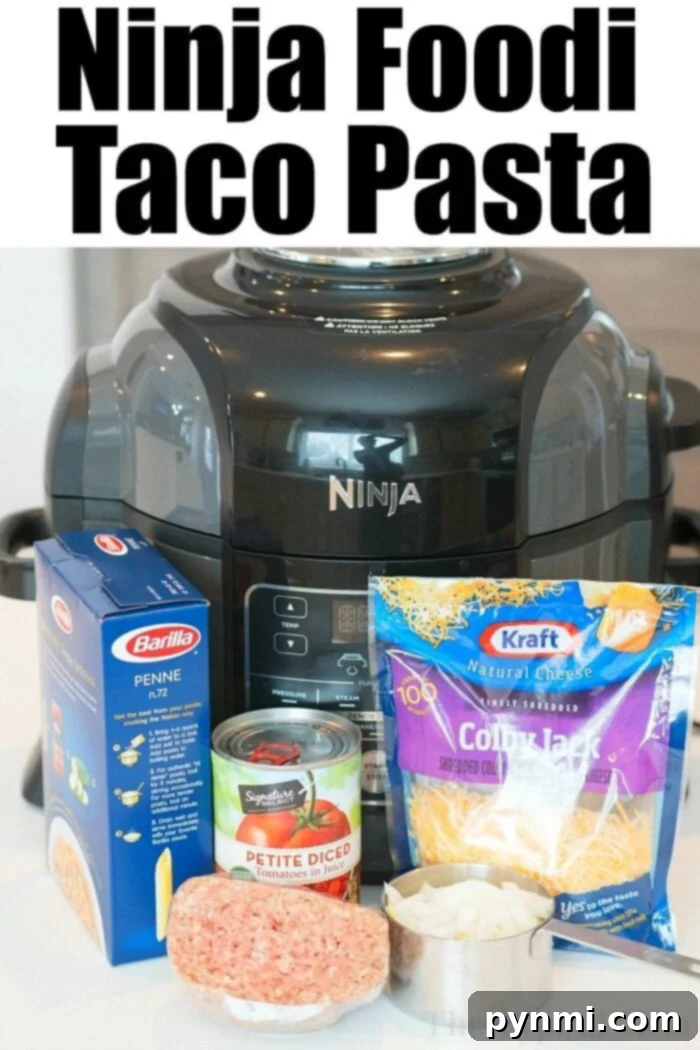 Close-up of Ninja Foodi taco pasta, showcasing creamy cheesy noodles with ground sausage and diced tomatoes