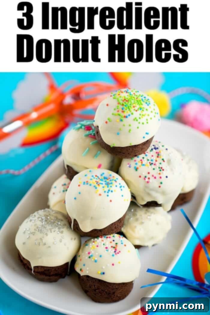 A close-up shot of freshly made Instant Pot donuts, beautifully frosted with white chocolate and adorned with colorful sprinkles, sitting on parchment paper.