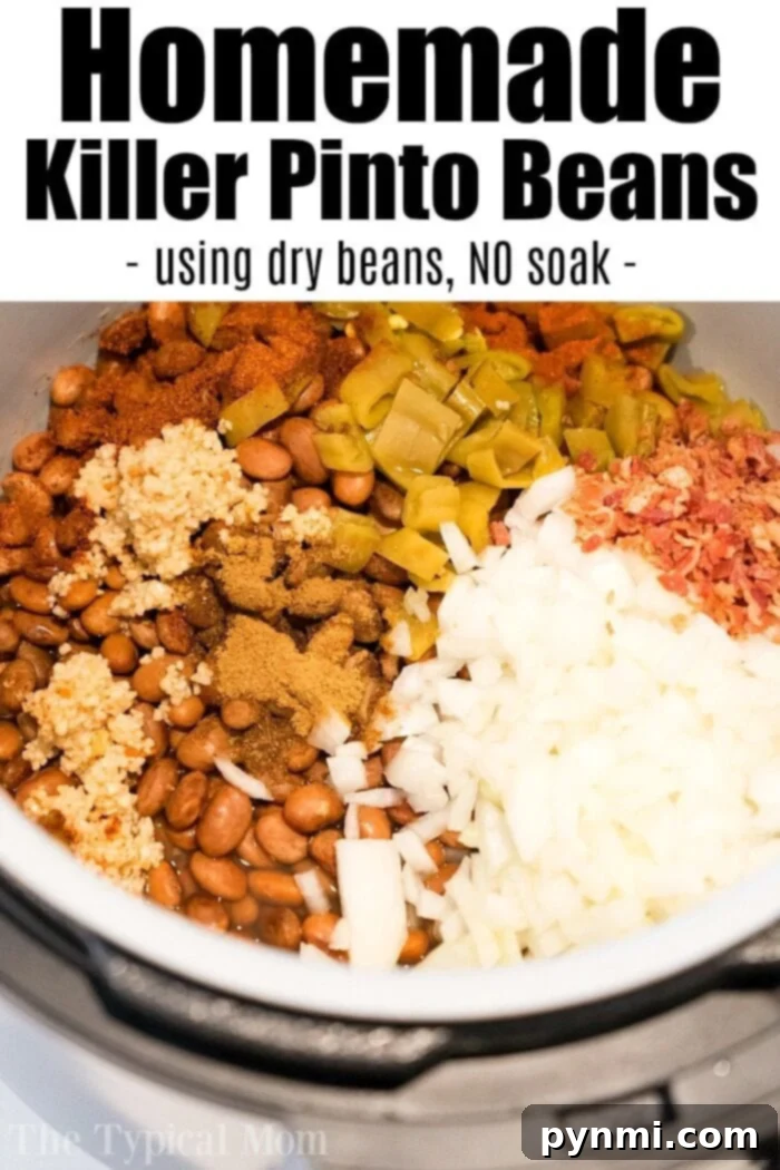 Homemade pressure cooker pinto beans make a great side dish for Cinco de Mayo or any time of year. Use charro beans inside burrito bowls for a great meal! #instantpotrecipes #instantpot #pressurecooker #ninjafoodi #pintobeans #beans #cincodemayo #thetypicalmom #charrobeans #ninjafoodirecipes Pressure Cooker Pinto Beans