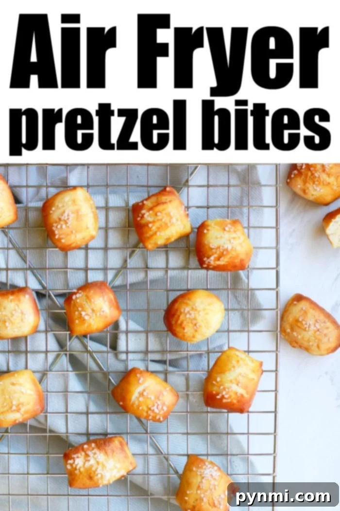 Close-up of golden, salted air fryer pretzel bites served in a small bowl.