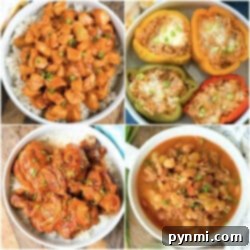 Weeknight Instant Pot Wonders 4 A collage of instant pot dinner recipes: teriyaki chicken, stuffed bell peppers, caramelized chicken, and bean soup.