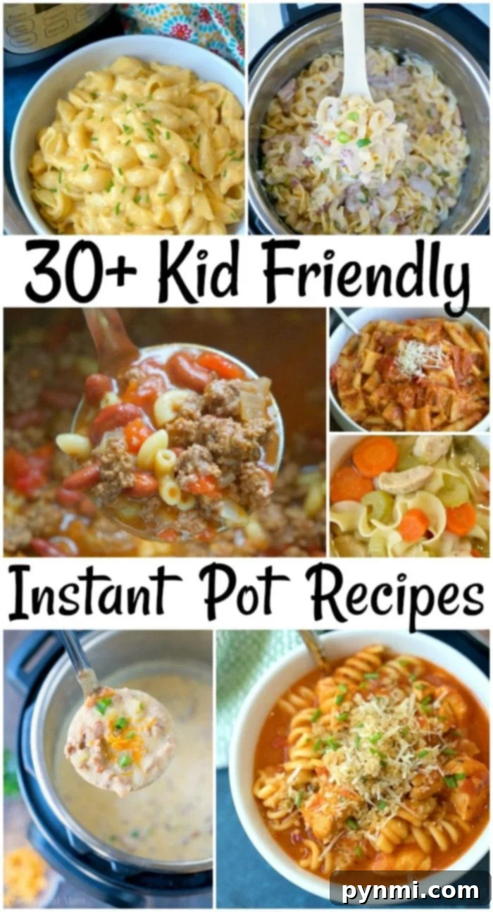 100 Instant Pot dinner recipes your whole family will love, including the kids! Have chicken, beef or pork you need to use? We have pressure cooker ideas for you! #instantpotrecipes #instantpot #dinners #dinner #beef #chicken #pork #thetypicalmom #pressurecooker A collection of kid-friendly Instant Pot recipes, showcasing colorful and appealing meals.