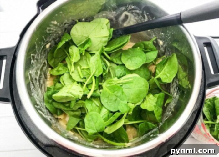 A large pot of creamy Instant Pot chicken dinner, ready to be served, showcasing the rich sauce and hearty ingredients.
