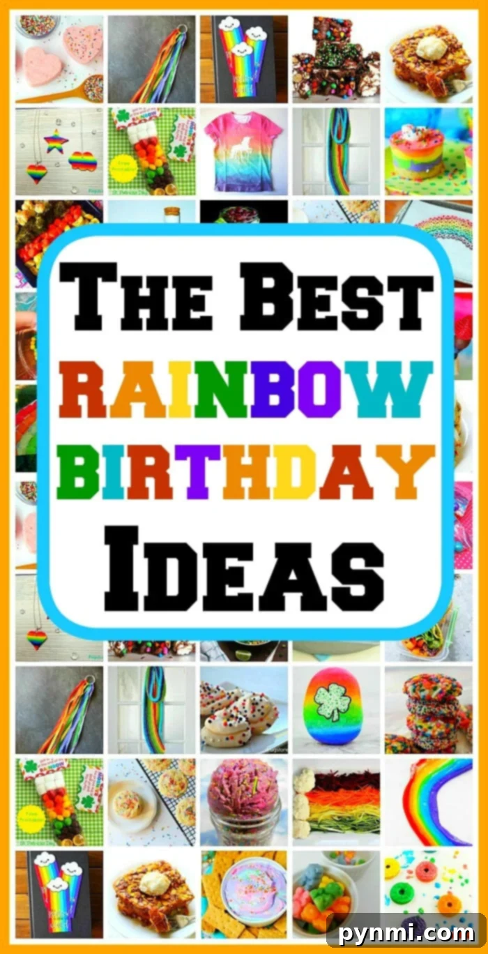 A beautifully arranged rainbow birthday party table featuring colorful decorations, food, and crafts, perfect for a child's celebration.