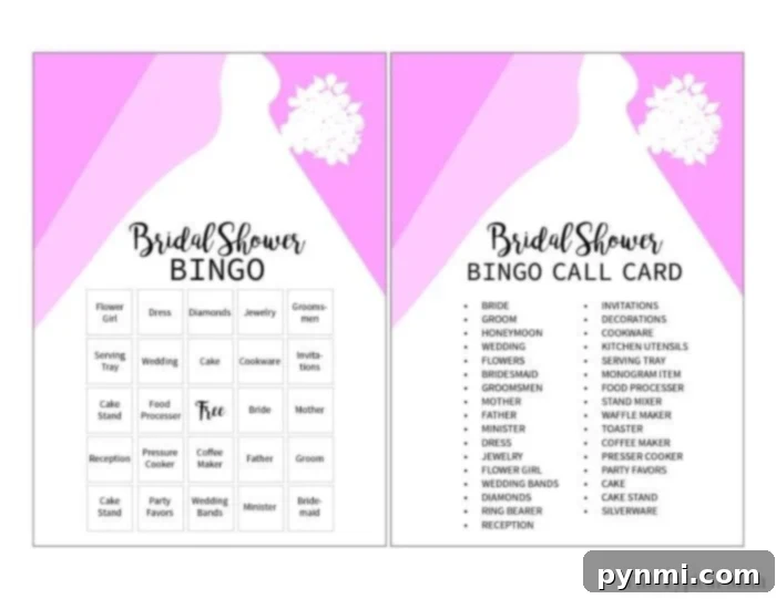 Fun & Free Instant Download Bridal Shower Bingo Game 3 Close-up of a Bridal Shower Bingo card with wedding-themed items