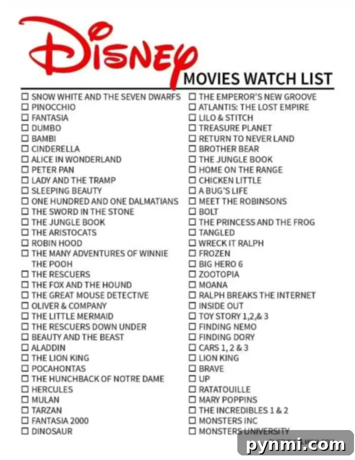 A comprehensive checklist titled "Disney Original Movies List" featuring various Disney animated classics. Titles like "Sleeping Beauty," "Dumbo," and "Snow White" are marked with red checkmarks, indicating they have been watched. The list is designed to help track viewed and unviewed Disney films.