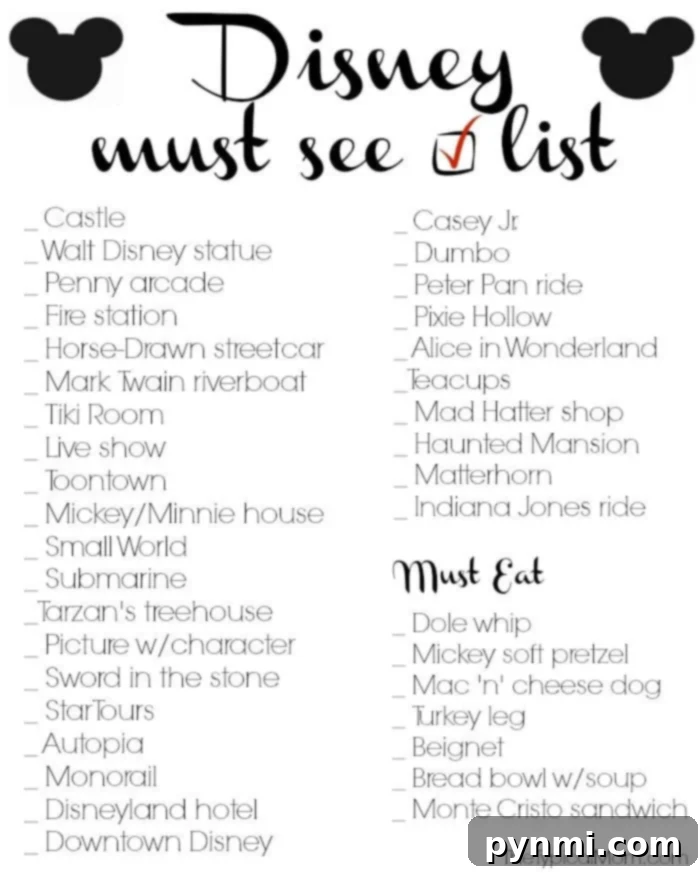 A checklist with various Disney park attractions and activities, perfect for planning your visit and ensuring you don't miss any magical moments.