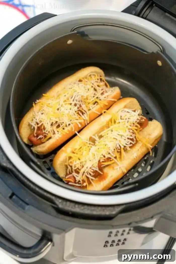 Air Fryer hot dogs or chili dogs are the perfect quick dinner idea our whole family loves! Load your buns up with toppings & they come out nice & crispy. #airfryer #hotdogs #chilidogs #ninjafoodi #ninjafoodirecipes Two air fryer hot dogs with perfectly melted grated cheese, nestled in toasted buns within the air fryer basket.
