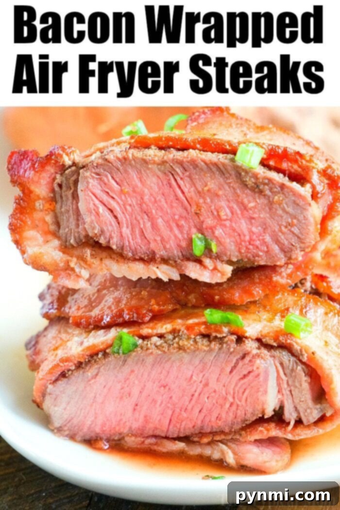 Crispy bacon-wrapped air fryer steak with a savory dry rub, ready for a delicious dinner.