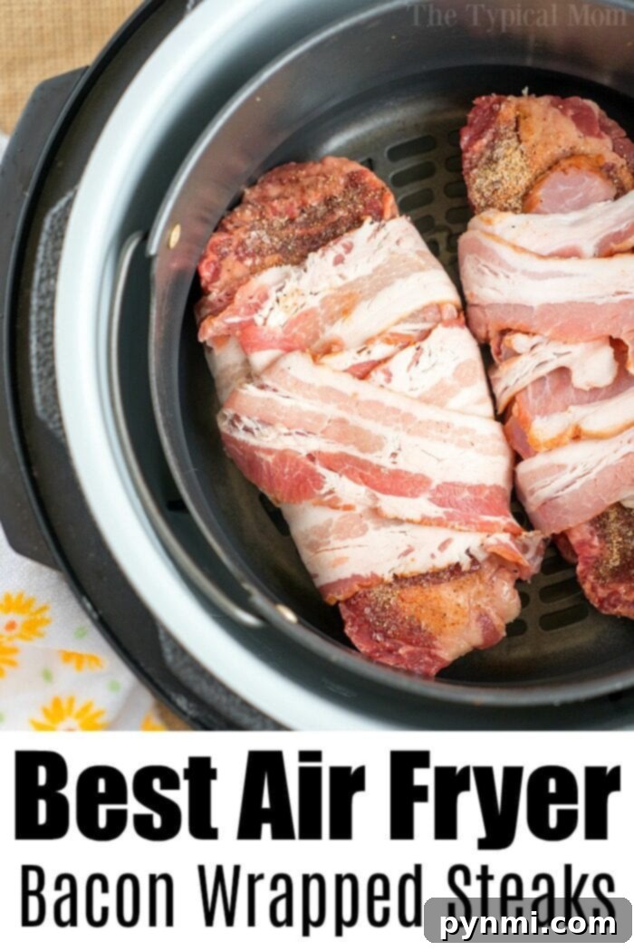 Close-up of a delicious bacon-wrapped steak cooked in an air fryer, highlighting the crispy bacon and tender meat.