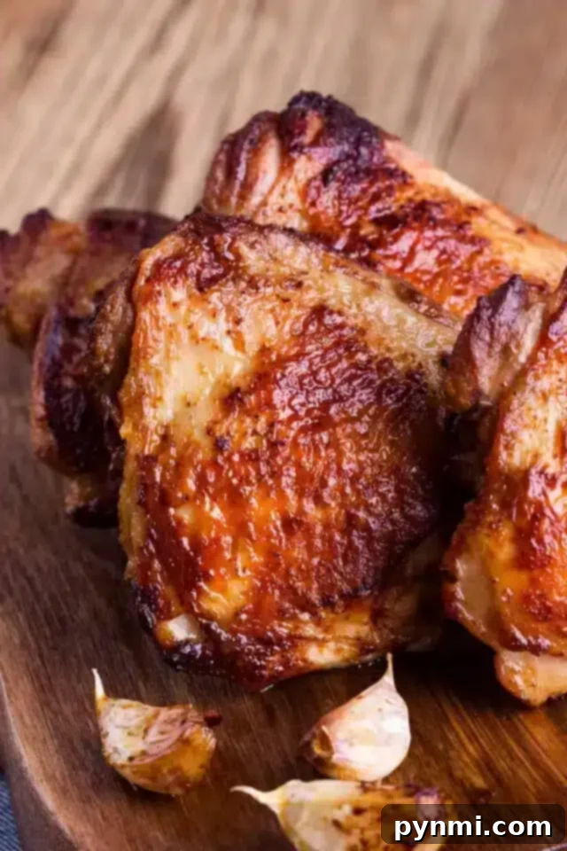 Ultimate Bone In Air Fryer Chicken Thighs 2 A close-up view of several pieces of golden-brown, bone-in air fryer chicken thighs with crispy skin on a wooden surface, accompanied by a few roasted garlic cloves. The deliciously well-cooked chicken promises a savory experience.
