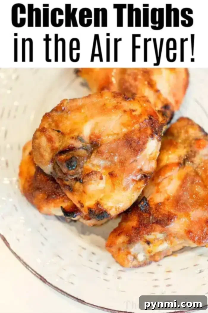 Best air fryer chicken thighs ever! Use this dry rub for chicken to make sweet and crispy chicken in an air fryer that's tender and juicy inside. Yum! #airfryerrecipes #airfryer #ninjafoodirecipes #ninjafoodi #chickenthighs #chicken #crispy A plate of four bone-in chicken thighs with a crispy, browned coating. The text above reads, "Chicken Thighs in the Air Fryer!" A deliciously easy meal made perfect in your air fryer.