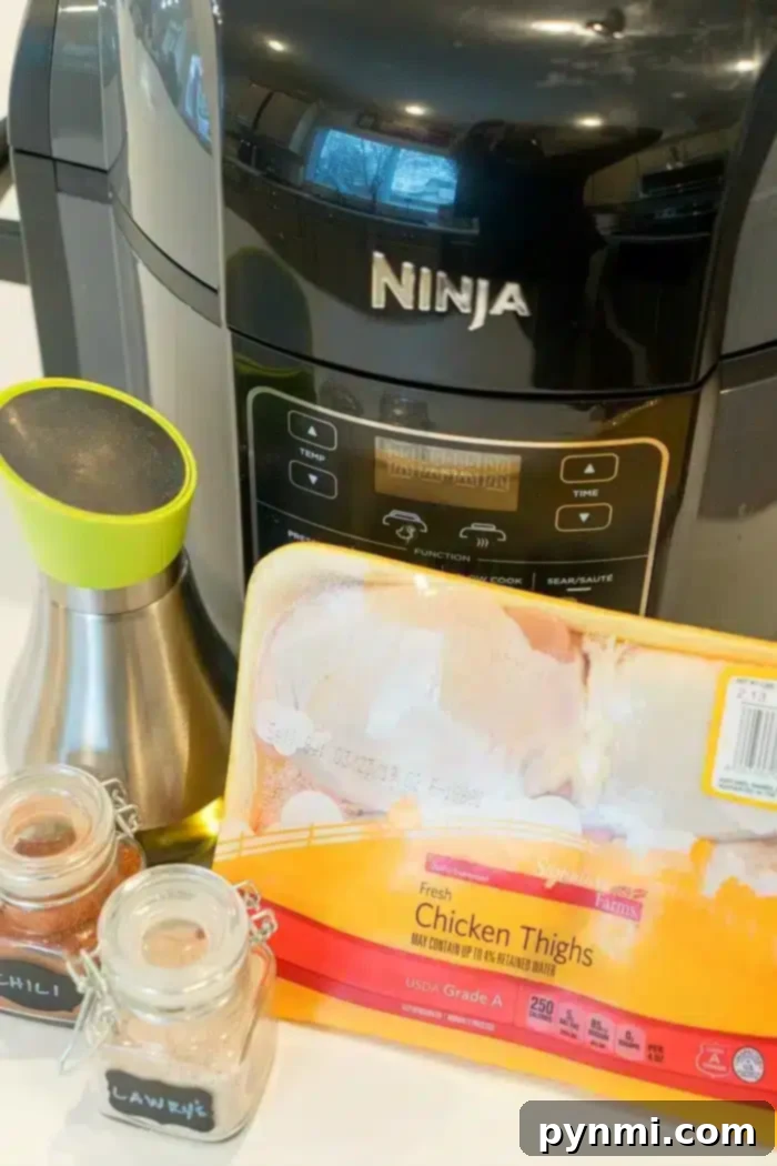 Best air fryer chicken thighs ever! Use this dry rub for chicken to make sweet and crispy chicken in an air fryer that's tender and juicy inside. Yum! #airfryerrecipes #airfryer #ninjafoodirecipes #ninjafoodi #chickenthighs #chicken #crispy A Ninja countertop appliance is shown behind a package of uncooked fresh, bone-in, air fryer chicken thighs labeled Signature Farms. Two small spice jars labeled