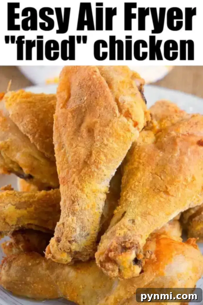 Easy Air Fryer Fried Chicken Recipe: Crispy Drumsticks, Wings, and Breasts A plate of several golden-brown, crispy air-fried chicken drumsticks, perfectly arranged on a white plate. The image evokes a sense of delicious, homemade fried chicken, highlighting the crispiness achieved with an air fryer.