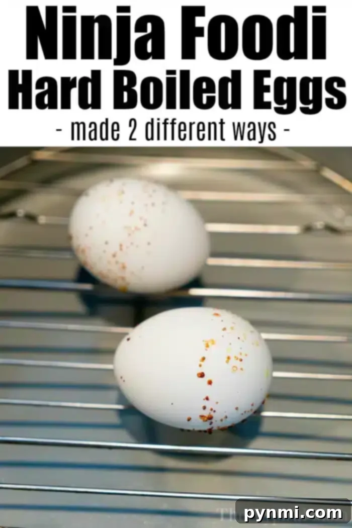 No-Boil Hard Boiled Eggs: Air Fryer Method 5 Image showing two hard-boiled eggs on a metal rack. The eggs have some brown specks on their shells. The background is blurred, showcasing the simplicity of air fryer hard boiled eggs for easy cooking.
