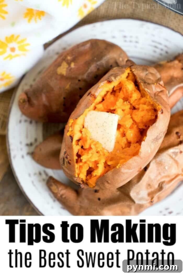 Fluffy sweet potato in the air fryer recipe is here! Sweet potatoes are the best side dish for the holidays or year round. Crispy outside but tender inside. #airfryerrecipes #airfryer #sweetpotato #sweetpotatoes #potatoes #ninjafoodirecipes #ninjafoodi #thetypicalmom Sweet potato with a slice of butter on a plate. Discover tips to making the best sweet potato, including how to achieve crispy perfection by using a sweet potato in the air fryer.