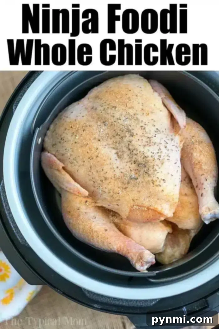 A raw whole chicken seasoned and placed inside a Ninja Foodi cooker. The image has text at the top that reads "Ninja Foodi Whole Chicken." The chicken appears to be prepared for roasting, pressure cooking, or as an air fryer whole chicken.