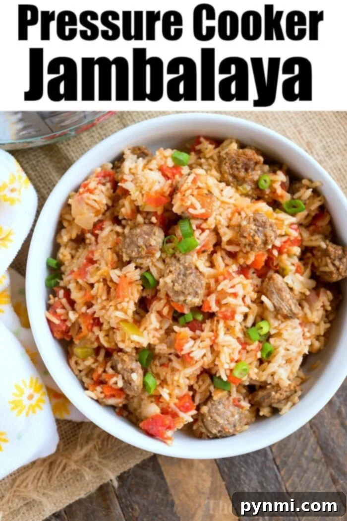 Instant Pot Jambalaya with sausage, rice, bell peppers, and tomatoes