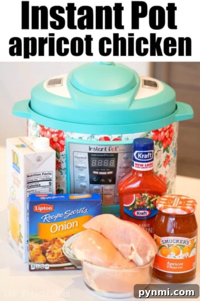 Pressure Cooker apricot chicken just needs 5 ingredients and is the perfect dinner atop a bed of rice! If you have an Instant Pot you've gotta' try this! #instantpotrecipes #instantpot #apricotchicken #chicken #dinner #pressurecooker #ninjafoodi #thetypicalmom Instant Pot apricot chicken served over rice.