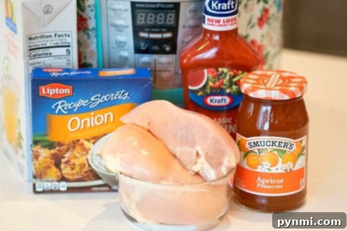 Pressure Cooker apricot chicken just needs 5 ingredients and is the perfect dinner atop a bed of rice! If you have an Instant Pot you've gotta' try this! #instantpotrecipes #instantpot #apricotchicken #chicken #dinner #pressurecooker #ninjafoodi #thetypicalmom Instant Pot apricot chicken with fresh ingredients.