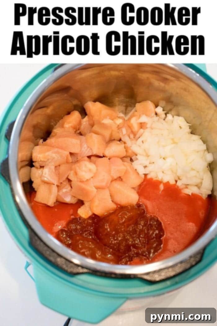 Pressure Cooker apricot chicken just needs 5 ingredients and is the perfect dinner atop a bed of rice! If you have an Instant Pot you've gotta' try this! #instantpotrecipes #instantpot #apricotchicken #chicken #dinner #pressurecooker #ninjafoodi #thetypicalmom Apricot chicken in an electric pressure cooker, garnished with fresh herbs.