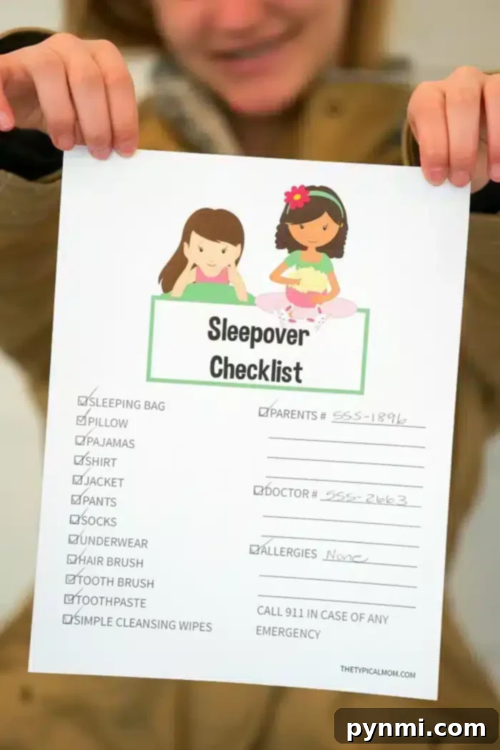Free sleepover checklist printable you can use so nothing gets forgotten! Send this with your children complete with emergency phone numbers and all. #freeprintables #freeprintable #printable #sleepoverchecklist #sleepover #parenting Checklist for a Sleepover: Helping Kids Pack