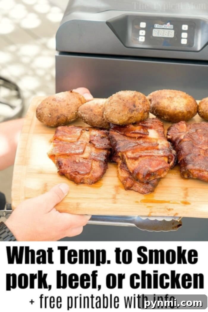 Free meat smoking chart you can print so you know how long chicken pork or beef takes. Plus what temperature to set your smoker to so it's perfectly done. #printable #freeprintable #smoker #meat #smokingmeat #chicken #pork #beef smoking meat times