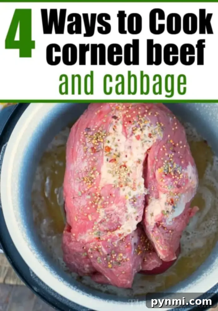 4 cooking corned beef and cabbage methods for your perfect St. Patricks Day dinner! Tender Crockpot, Instant Pot, or dutch oven corned beef every time. #cornedbeefandcabbage #cornedbeef #crockpot #instantpot #ninjafoodi #pressurecooker An image showcasing raw corned beef seasoned with spices in a slow cooker. The text above reads, 4 Ways to Enjoy Cooking Corned Beef and Cabbage.