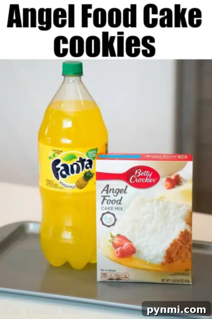 A bottle of Fanta Pineapple soda and a box of Betty Crocker Angel Food Cake Mix are placed on a kitchen counter.